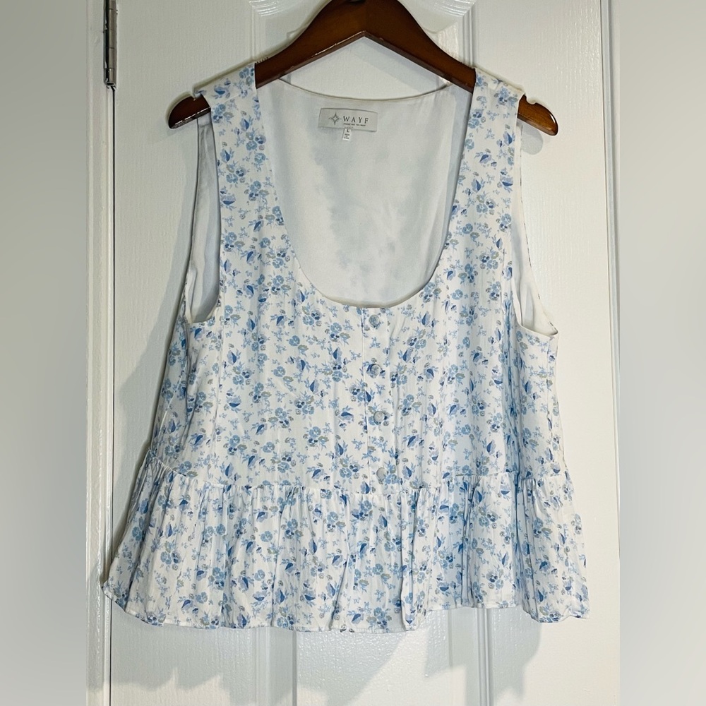 Wayf Light Blue Floral Tank Top, Size Large